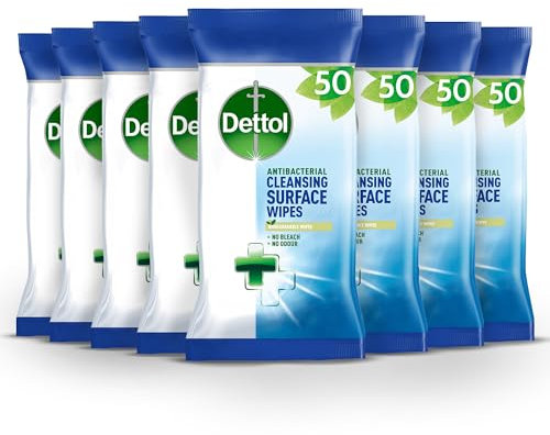 Dettol Surface Cleansing Wipes 8-Pack, 400 Total - Antibacterial Disinfectant For Home, Office, Travel - Hygienic Cleaning Solution, Kills 99.9% Of Germs, Resealable