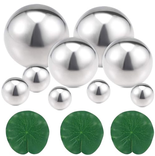 TIVUNORON 12 Pièces Boule à Facettes en Acier Inoxydable, Mini Boules Miroirs pour Étang, Acier Inoxydable Boules Décoratives pour Étang, Décoration d'étang avec Feuilles de Lotus