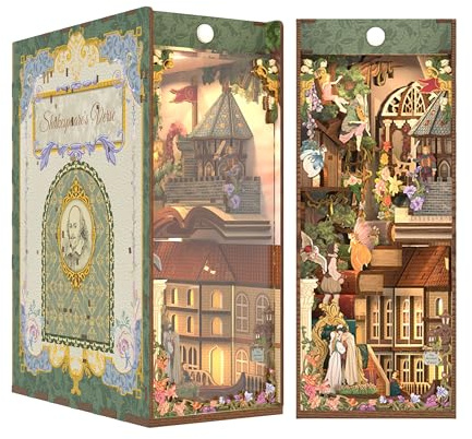 Tonecheer x British Library DIY Book Nook Kit, Shakespeare 3D-Holzpuzzle für Erwachsene, Miniatur-Haus-Kit Booknook-Bücherregal-Einsatz Dekor mit LED-Licht Handwerks Geschenk（Shakespeare-Verse）