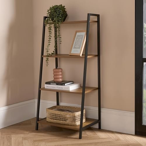 OHS 4 Tier Ladder Shelving Unit, Storage Standing Shelves Industrial Bookcase Narrow Ladder Shelf Living Rooms Bathrooms Bedrooms Wood Ladder Shelf for Home Office - 90 x 43 x 30cm