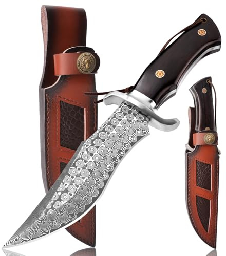 SPITZKANTE de caza Cuchilla fija P-S-DMSG, 16, 3 cm de longitud de la Acero damazado Cuchillo de cinturón con funda de cuero, mango de madera, cuchillo exterior para el camping