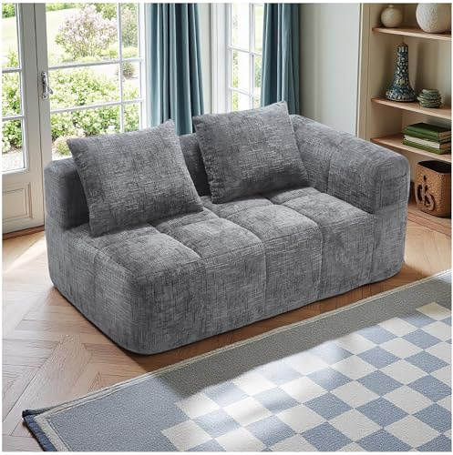 Wyibwy Sofá moderno modular, L-forma, 2 plazas chaise longue, reposabrazos, 2 almohadas, bolsillo lateral mando, chenilla gris