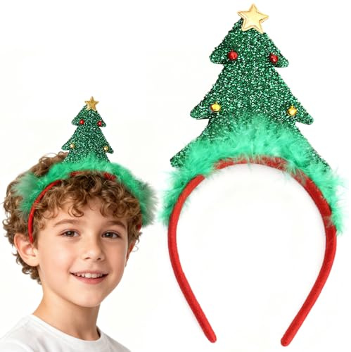 Diadema de Árbol de Navidad, Diademas Navideñas Brillantes con Plumas & Campanillas, Accesorio de Navidad Divertido para Adultos & Niños, Decoración para Fiestas & Festividades