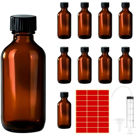 Zorplex Set med 10 pipettflaskor 30ml i bärnsten glas med svart kork, återanvändbara flaskor för eteriska oljor och aromaterapi, inklusive 1 x 20ml spruta, tratt och etiketter (30ML)