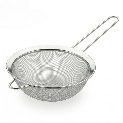MIJOMA Küchensieb Edelstahl Ø 12cm – Feines Metallsieb mit Rand & Haken – Spülmaschinengeeignetes Sieb mit Griff – Dämpfeinsatz & Abtropfsieb für Topf & Schüssel