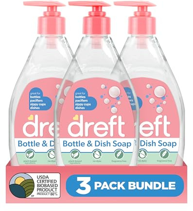 DREFT Bottle and Dish Soap | Made to Clean Baby Bottles, Sippy Cups, Pacifiers, Breast Pumps, & More | Gently Removes Milk Film & Odors | Plant Based, Fragrance Free Dish Soap | 18 Fl Oz (Pack of 3)