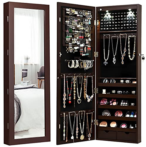 COSTWAY Armoire à Bijoux Mural 2 LED, Meuble de rangement avec Crochets Réglables, Miroir grand format et Tiroirs, pour Maquillage Quotidien et Bijoux, 108 x 37 x 9,5 cm, Blanc/Brun (Marron)