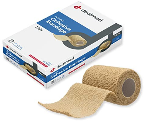 Dealmed Non-Adherent Cohesive Bandage Wrap – 3 x 5 Yards, Box of 24 Non-Woven Breathable Self Adherent Wraps for First Aid Kits, Athletics, Swelling, Sprains, Animal Wraps, Tan