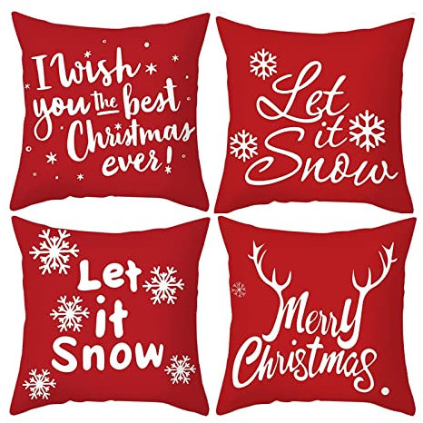 AMDXD 4Pcs Weihnachten Kissenbezüge Set 40x40cm, Kissenhüllen let it Snow Elch Schneeflocke Muster, in Polyester, für Sofa Schlafzimmer Büro Auto, Weiß Rot
