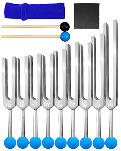 Stämgaffel set 9 st stämgafflar med reflexhammare för DNA-helande chakra ljudterapi för buddhister yogalärare ljudläkare (174 Hz, 285 Hz, 396 Hz, 417 Hz, 528 Hz, 639 Hz etc)
