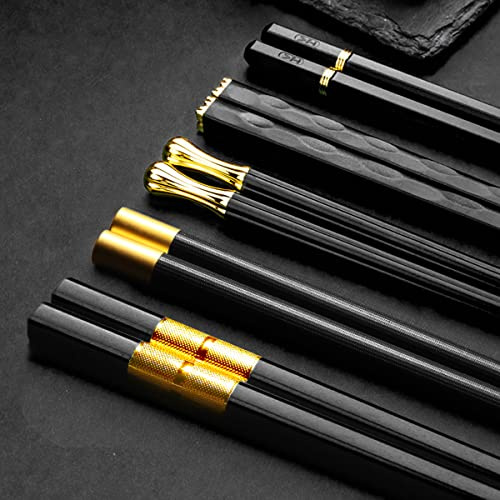 Set di 5 bacchette riutilizzabili in fibra di vetro, bacchette giapponesi cinesi, antiscivolo, lavabili in lavastoviglie, per sushi, noodles, riso, nero, 24 cm
