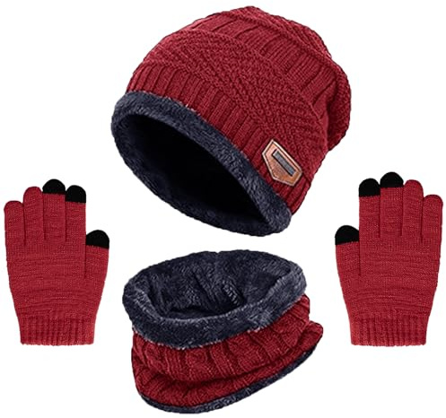 Conjunto de Gorro, Bufanda y Guantes para Niños de 3PCs, Gorro de Punto con Forro Polar Cálido Calentador de Cuello Térmico con Guantes de Pantalla Táctil Esenciales de Invierno Para Niños