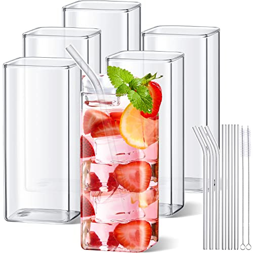 Sumind Set of 6 Square Drinking Glasses, Square Glass Cup 13 oz, Modern Highball Glassware Set, Thin Cocktail Glasses with Straws and Straw Brushes for Cocktail Coffee Water Juice Beer Drink Tumbler
