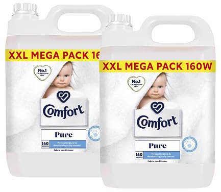 Comfort Pure Fabric Conditioner XXL Mega Pack Fabric Softener Washing Liquid, Hypoallergenic and Dermatologically Tested Suitable for Sensitive Skin, 2 Packs of 160 Washes 5L