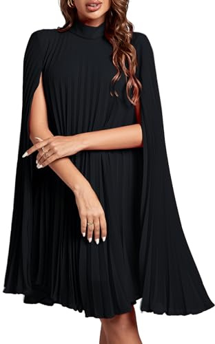 Rooscier Vestido midi de fiesta con cuello falso, manga de capa, plisado, con abertura en la espalda para mujer, Negro Sólido, S