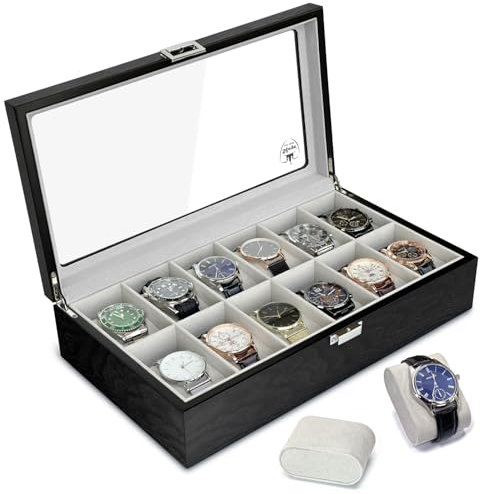 Slege Uhrenbox aus Holz mit 12 Fächern,Uhrenbox für Herren, komplett mit Samt ausgekleidet,Uhrenhalter Glasplatte & Uhrenkissen,Uhrengehäuse-Organizer als Geschenk für Herren und Damen (Schwarz)