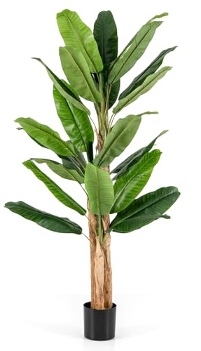COSTWAY 195 cm konstgjord växt tropisk palm, konstgjord paradisfågel växt, rumsväxt med robust kruka och 27 blad, bananträd för trädgård kontor rum dekoration, grön