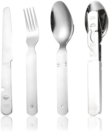 Couverts de camping en acier inoxydable 4 pièces classique de la Bundeswehr Couverts de voyage pratiques en plein air avec couteau, fourchette, cuillère et ouvre-boîte