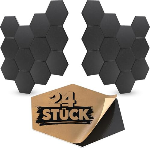 MatoSan® 24 Hexagon Akustikpanele Selbstklebend Schallschutzplatten Weiß | Akustikplatten Schallabsorption, Schalldämmung Wand- & Deckendekoration | 30x26x0,9 cm, 100% Polyester Schwarz