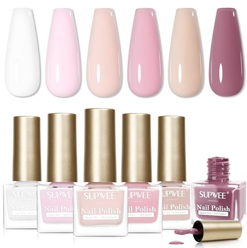 SUPWEE Set di 6 smalti per unghie, ad asciugatura rapida, colore bianco nudo, a base di olio, a lunga durata, per le donne, manicure, senza lampada UV