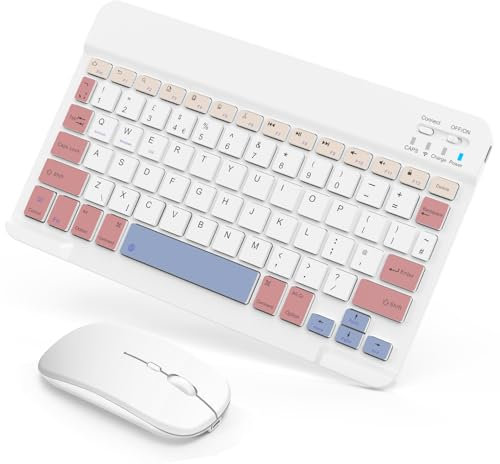 SOPPY Portable Bluetooth Keyboard and Mouse, Rechargeable Mini Keyboard, Wireless Keyboards for iPad 9.7/10.2/iPad Air/Pro/Tablets/iOS/Android/Windows, UK Layout (White & Pink)