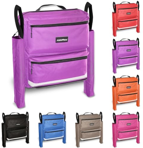 AbleWear Bolsa para silla de ruedas con bolsillos para muletas, color morado, accesorio para silla de ruedas, bolsa de almacenamiento expandible para silla de ruedas, bolsa de compras para respaldo de