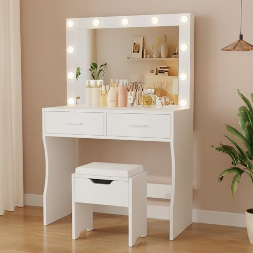 JUMMICO Große Schminktisch mit LED Beleuchtung und Große Spiegel 90 x 40 cm, Einstellbare Helligkeit und Farbtemperatur, Kosmetiktisch mit 11 LED Glühbirne, Weiß