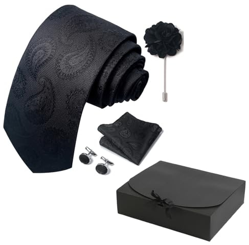 AYNKH 4PCS Set de Serviettes Poche Homme, Cravate à Motifs,Comprenant Cravate, Écharpe Carrée, Boutons de Manchette, Corsage, Accessoires Costume,Coffret Cadeau,Set de Mariage (black pattern)