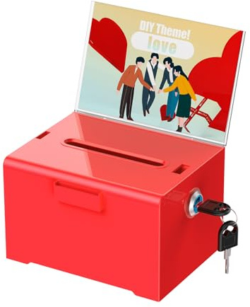 Uniclife Scatola per donazioni in acrilico con serratura e porta cartelli, scatola rossa con slot in plastica, contenitore per suggerimenti, contenitore per contanti, per raccolta fondi, votazione
