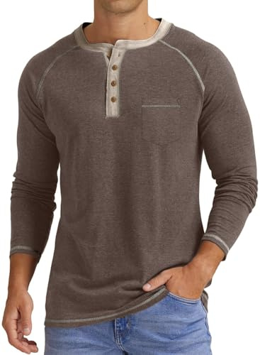 JMIERR Mens Henley T Shirt Long Sleeve Tops Casual Pullover V Neck Tee Shirt Button up Tops with Pocket,Brown,Small
