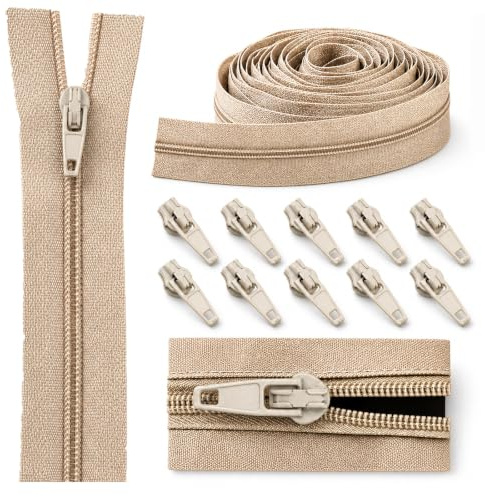 12 PCS Puller Sliders 5m Zips for Sewing, Khaki Continuous Nylon Coil Zipper Roll Size 3, Trimmable Heavy Duty Zip Chain for Cushions Bags Clothing Upholstery Tailoring Craft DIY Projects