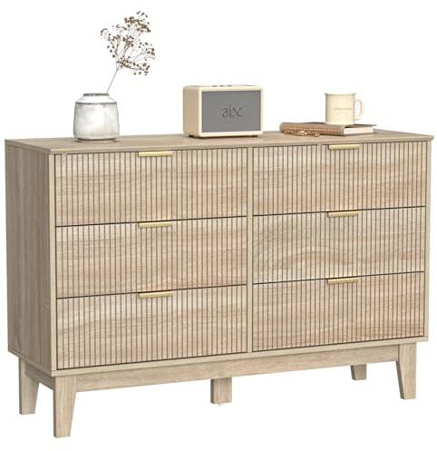 Yvsevnr 6 Drawer Chest of Drawers Wooden Fluted Dresser with Metal Handles Large Drawer Storage Organiser Unit Cabinet Dresser for Hallway Bedroom Living Room Furniture 120 x 40 x 80 cm