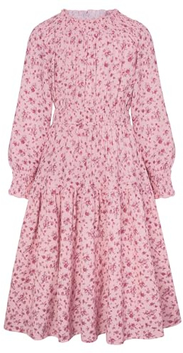 Grace Karin Blomklänning för flickor med fickor, långärmad höstmaxiklänning, elegant festlig klänning, barn, A-linje prinsessklänning, ROSA, 12-13 år