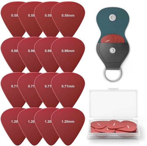 New Bee Guitar Picks, 16 Pieces Guitar Pick, 4 Different Thickness Non-slip Guitar Plectrums for Acoustic, Electric, or Bass Guitar Includes 0.58mm 0.71mm 0.96mm 1.2mm, Red