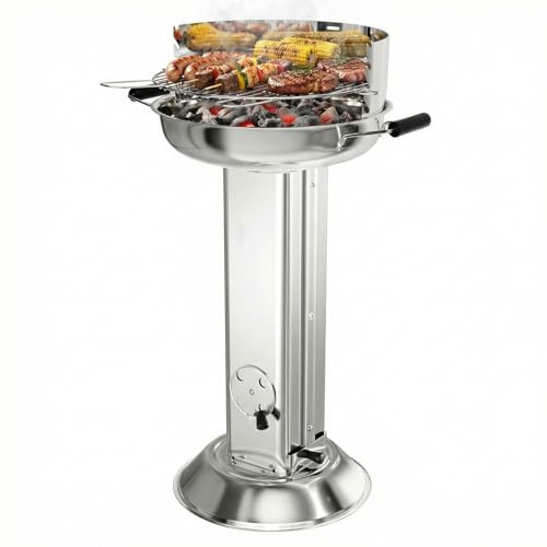 TLGREEN 58*42*85cm Barbecue à charbon de bois en acier inoxydable, Barbecue à colonne, Hauteur réglable en 4 directions, avec grille de chromée, Cendrier et ventilation, Outdoor, Jardin, Camping, BBQ