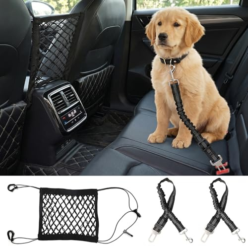 2 Stück Hundegurt fürs Auto + 1 Haustierbarriere Auto-Netz, Verstellbarer Sicherheitsgurt mit Elastischer Stoßdämpfung & Karabiner, Für Hunde, Katzen & Alle Autotypen, Schwarz