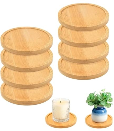 8 platos para velas de madera, 8,5 cm, redondos, de bambú, para velas de pilar, posavasos resistentes al calor, para manualidades, decoración de mesa, bandeja decorativa natural para salón, boda