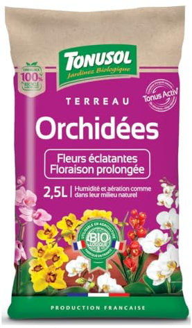 Terreau Orchidées 2,5L TONUSOL – Substrat Aéré et Drainant, Rempotage Orchidée Facile, Floraison Prolongée, Fabriqué en France