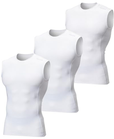 DEVOPS 3 Pack Men's Compression Shirts Sleeveless Workout Tank Top Baselayer for Gym Training, Running, Moisture Wicking (Large, White/White/White)