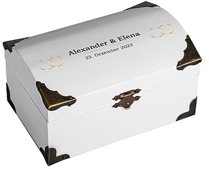 Schatzkiste zur Hochzeit als personalisiertes Hochzeitsgeschenk für das Brautpaar I Weiß I Ringe I Verpackung für Geldgeschenk
