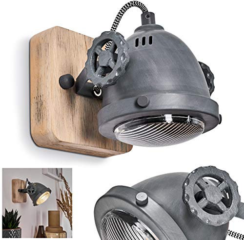 Wandleuchte Herford, verstellbare Wandlampe aus Metall/Holz/Glas in Grau/Braun/Natur, 1-flammig, 1 x GU10 Fassung, Wandspot im Retro/Vintage Design, ohne Leuchtmittel