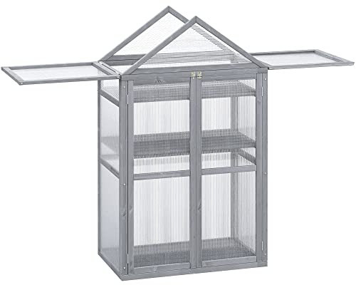 Outsunny Garden Cold Frame Polycarbonate Greenhouse with Adjustable Shelves, Double Doors, Openable Top Covers, Grow House for Flower Vegetable Plants, 80 x 47 x 138cm, Grey