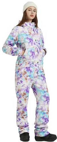 SNBOCON Womens One Piece Ski Suit Colorful Jumpsuits Snowboard Snowsuits Winter Outdoor Waterproof Hooded Jackets for Snow Sports (L,TDppl)