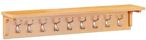 Hallowood Furniture Waverly Large Coat Hanger, Wall Mounted Solid Oak Coat Rack with 9 Metal Hooks for Hats, Jackets, and Clothes, Light Oak Shelf with Hooks for Hallway, Entryway, and Living Room