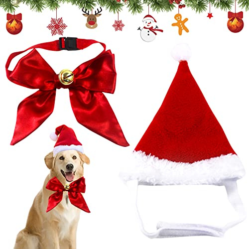 Chapeau de Noël pour chien, chapeau de Noël pour chat, accessoire de costume de Noël, bandeau pour animaux de compagnie, avec cravates et cloches, taille réglable chapeau pour chats et chiens