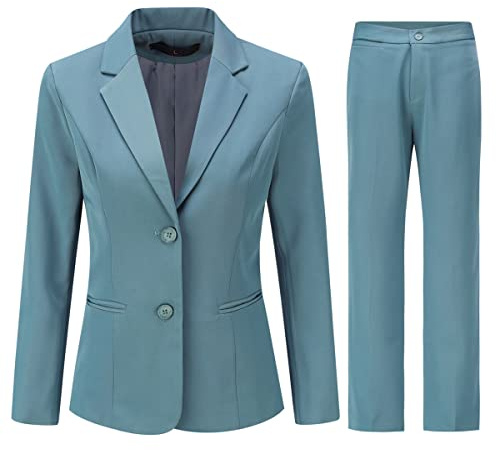 YYNUDA Traje para Mujer Conjunto con Pantalón, Blazer de Revés, 2 Piezas, Bolsillos, Doble Botonadura, Slim Fit, Trajes de Oficina, azul, L