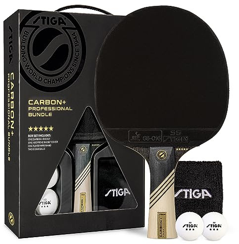 STIGA Carbon+ Bundle Ping Pong Paddle Set – 7-ply Extra Light Carbon Fiber Blade – 2mm Premium Sponge – Concave Pro Handle – 2 3-Star Tournament Balls – Neoprene Racket Cover – Player Wristband