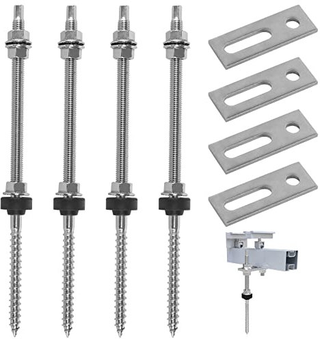 Stockschrauben mit Dichtung, 4 Stück M10 x 250 mm 304 Edelstahl Dichtung Sperrzahnmutter Höhenverstellbar, Adapterblech EPDM Gummidichtung für Photovoltaik Solarmontage auf Gebäudedächern