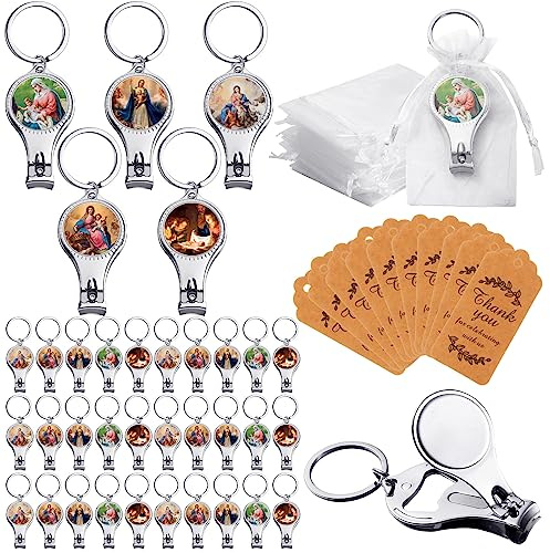 Lasnten 50 Sets Baptism Party Favors for Guests Recuerdos De Bautizo Para Angel Keychain Nail Clipper Bottle Opener with Thank You Tag Organza Bags First Communion Souvenirs Baby Shower Christian Gift