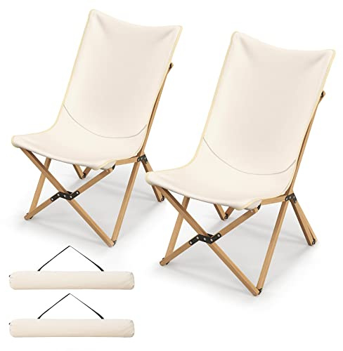 GIANTEX Juego de 2 Tumbonas para Camping, Sillas Plegables con Marco de Madera, con Bolsillo Trasero, Sillas de Camping Portátil con Bolsa de Transporte, para Pesca, Pícnic (Beige)
